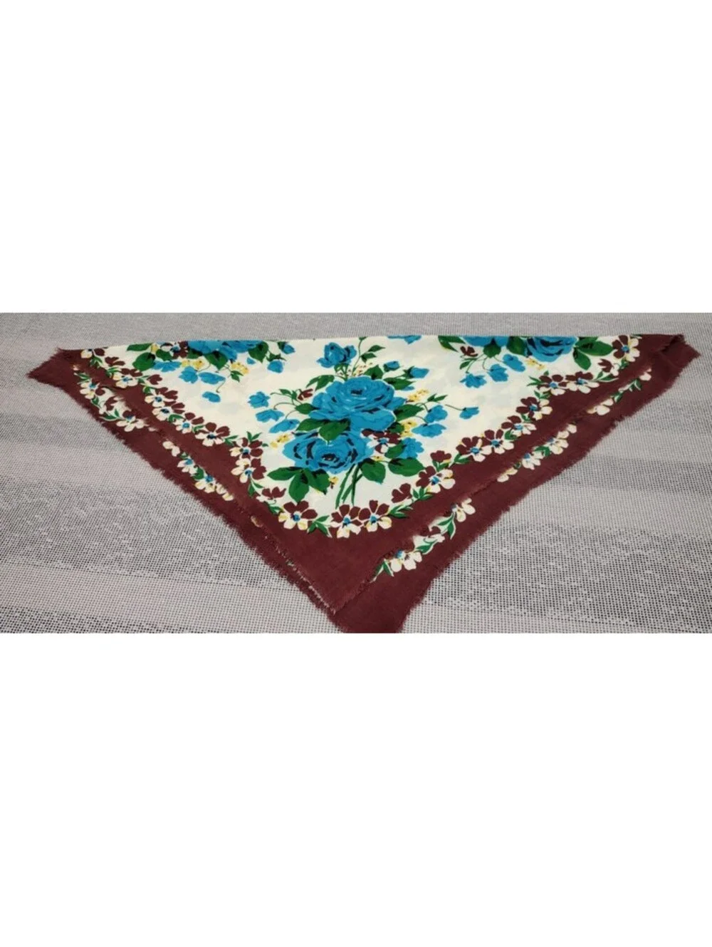 Vintage 1940s Turquoise Roses Cowboy Scarf 1950s Unisex Rockabilly Brown Rayon